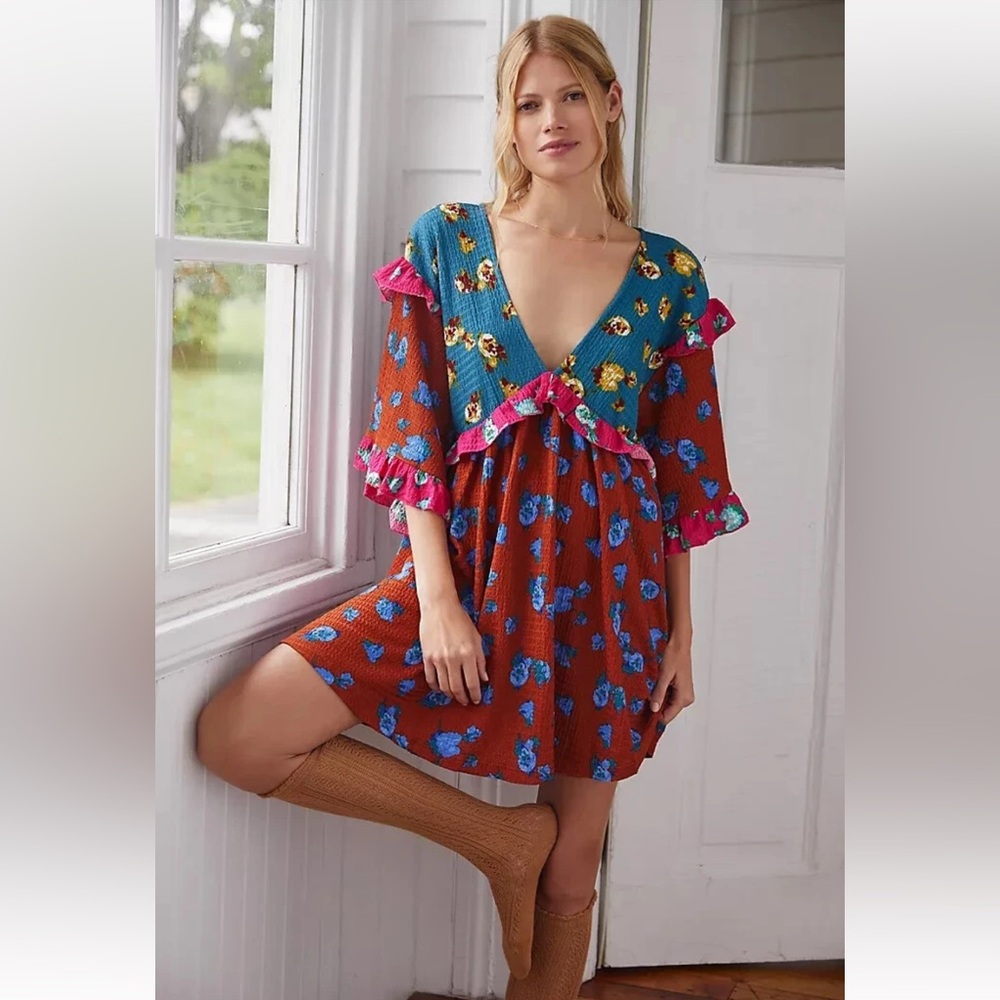 Anthropologie Floral Ruffle Mini Dress